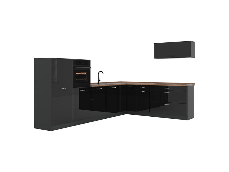 Vicco cuisine en angle, noir haute brillanceanthracite, 327 x cm plan de travail chêne doré  - Conforama A
