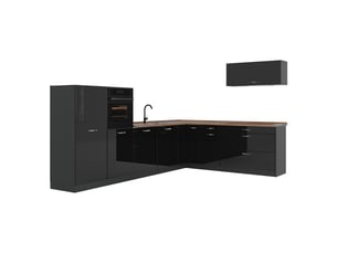 Vicco cuisine en angle, noir haute brillanceanthracite, 327 x cm plan de travail chêne doré