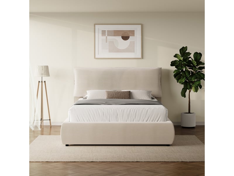  Lit avec coffre de rangement 140x190cm en velours côtelé beige fresno  - Conforama D