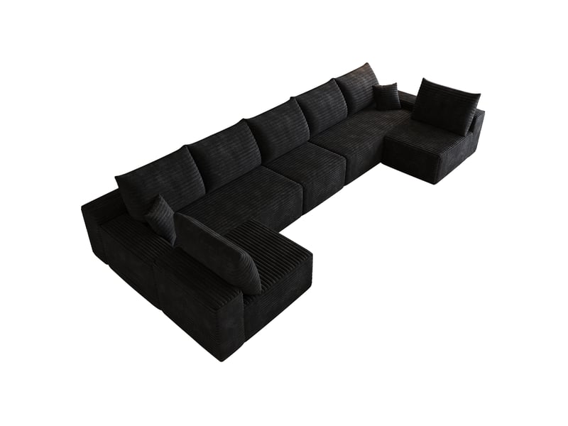  Canapé d'angle panoramique 7 places en velours côtelé noir, 425 cm, assise profonde pour grand salon  - Conforama A
