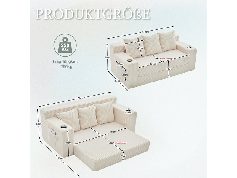  Canape droit 3 places, sans structure rigide en velours côtelé, porte-gobelets et poches, 172 × 87 × 64 cm, beige YXY-0915-1 - Conforama C