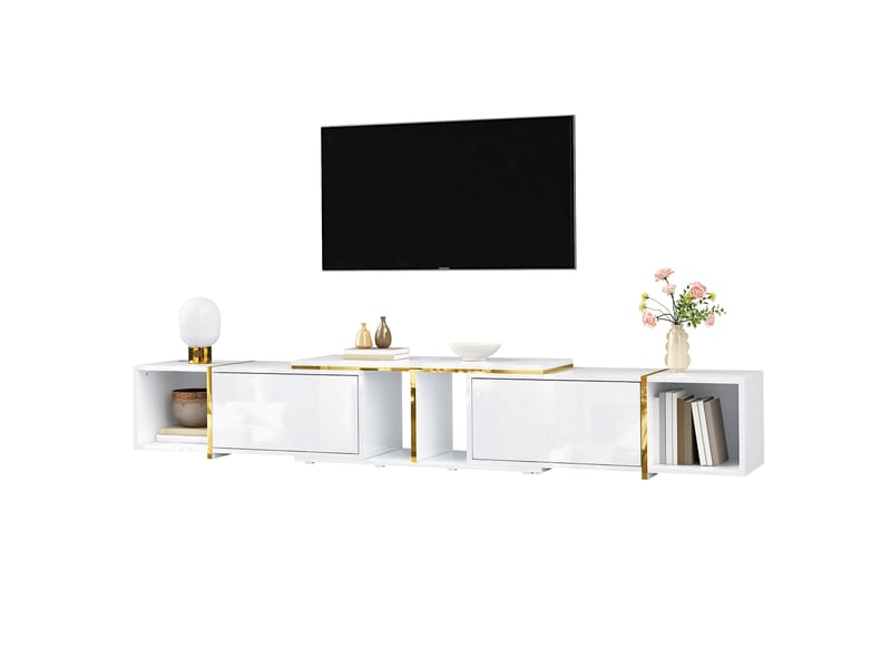  Meuble tv extensible blanc brillant avec bords dorés, longueur ajustable jusqu'à 275 cm  - Conforama A