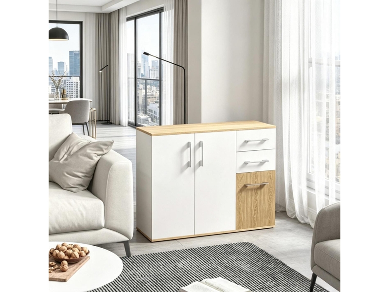 Buffet 3 portes 2 tiroirs meuble de rangement blanc et naturel 90 x 30 x 75.5 cm - Conforama B
