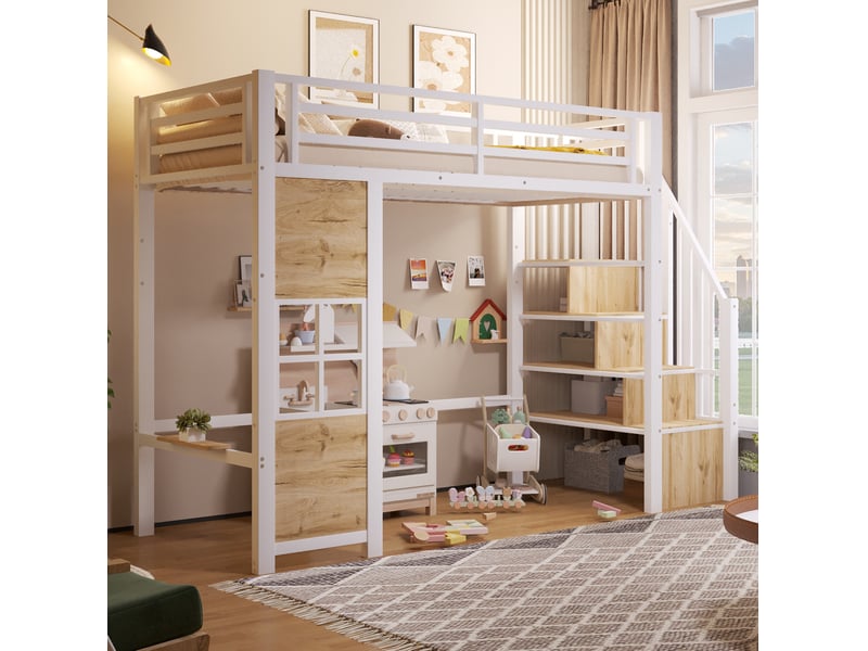  Lit mezzanine enfant 90x200 cm avec escalier de rangement blanc  - Conforama B