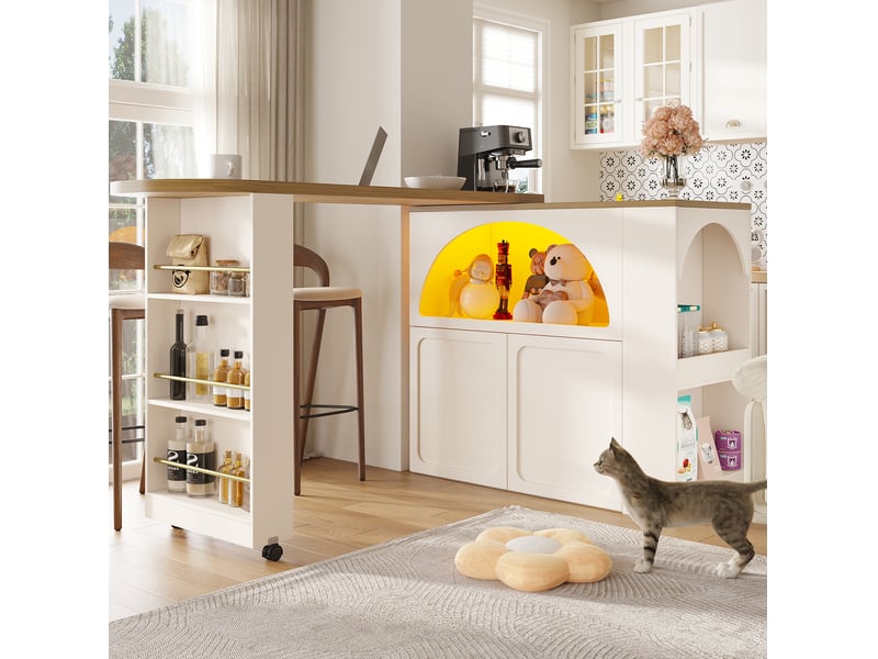  Table de bar extensible 135-205x39x100 cm roulettes frein led multicolore port usb rangement fermeture amortie mdf blanc  - Conforama R