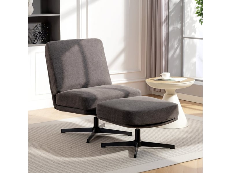  Fauteuil lounge pivotant avec repose-pieds en tissu aspect lin gris foncé  - Conforama B