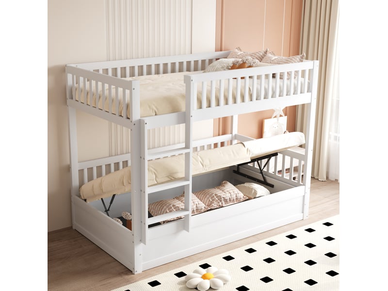  Lit superposé enfant 90x200 cm en bois, coloris blanc, avec rangement hydraulique  - Conforama E