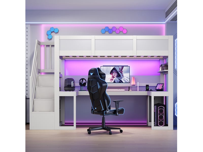  Lit mezzanine 90x200 cm avec bureau, escalier avec rangements, éclairage led et port usb, mdf, blanc sans matelas  - Conforama D