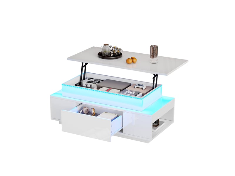 Table basse, à plateau relevable, avec éclairage led, avec 1 tiroir, 96 x 45 x h 40–55 cm, blanc, rangement pratique, finition brillante, pour salon Luxe haut de gamme - Conforama A