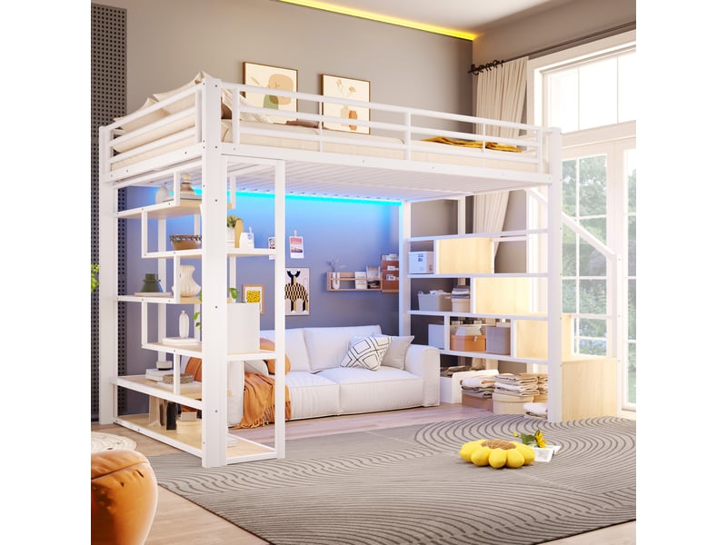  Lit mezzanine métal 140x200cm avec étagère , échelle intégrée, bande led et espace libre dessous, blanc evarich - Conforama E