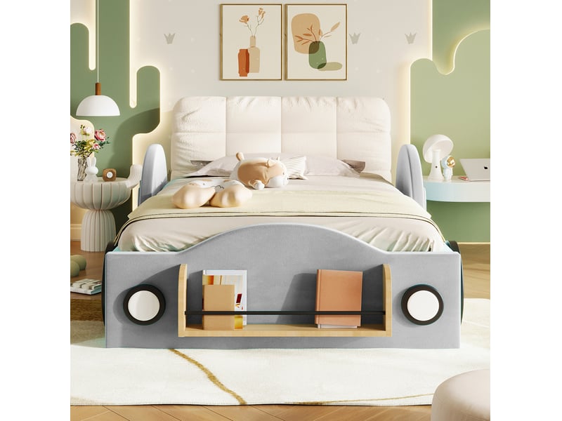  Lit enfant 90x200 cm coffre hydraulique, poches latérales, range-livres, tête rembourrée flanelle gris sans matelas  - Conforama D