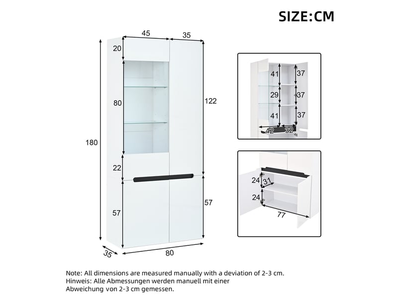  Vitrine haute 80x35x180 cm avec led bluetooth, 4 portes, 8 compartiments, 2 étagères en verre réglables, façade brillante, mdf blanc  - Conforama D
