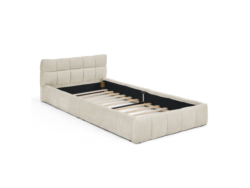  Lit simple 90x200 cm en chenille beige avec tête de lit capitonnée cadre métal et bois  - Conforama E