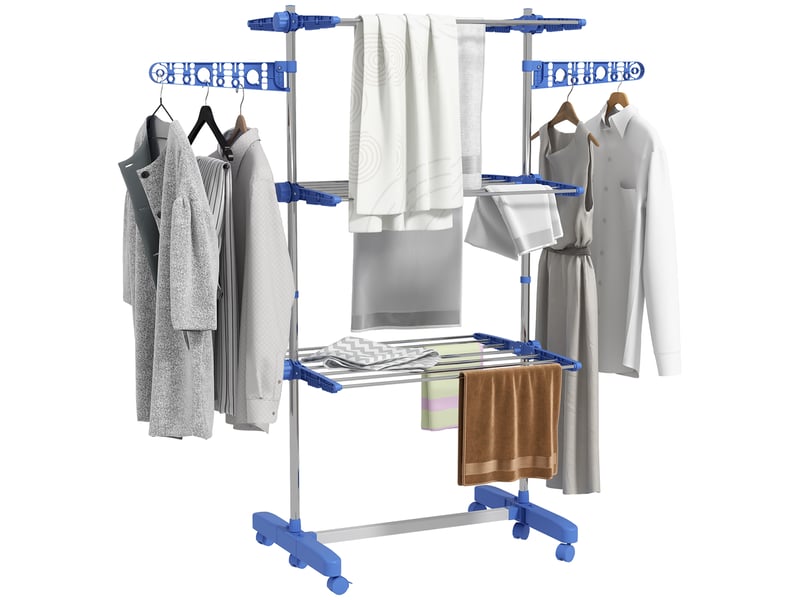  Étendoir à linge vertical à 3 niveaux avec 6 roues, 2 côtés rabattables, étagères réglables et structure en acier inoxydable - bleu  - Conforama A