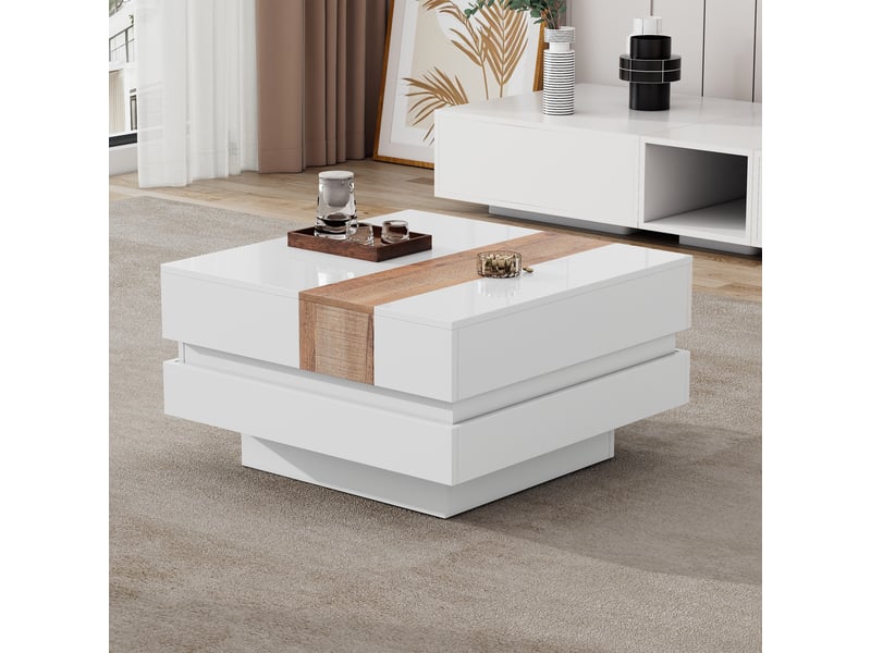  Table basse carrée blanche plateau extensible rangement caché finition brillante 70x70 cm  - Conforama D