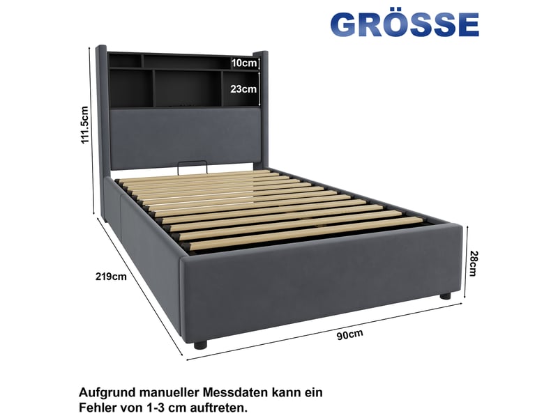  Lit coffre simple 90x200cm avec lampe led, fonction de charge et fonction de rangement, sans matelas  - Conforama C