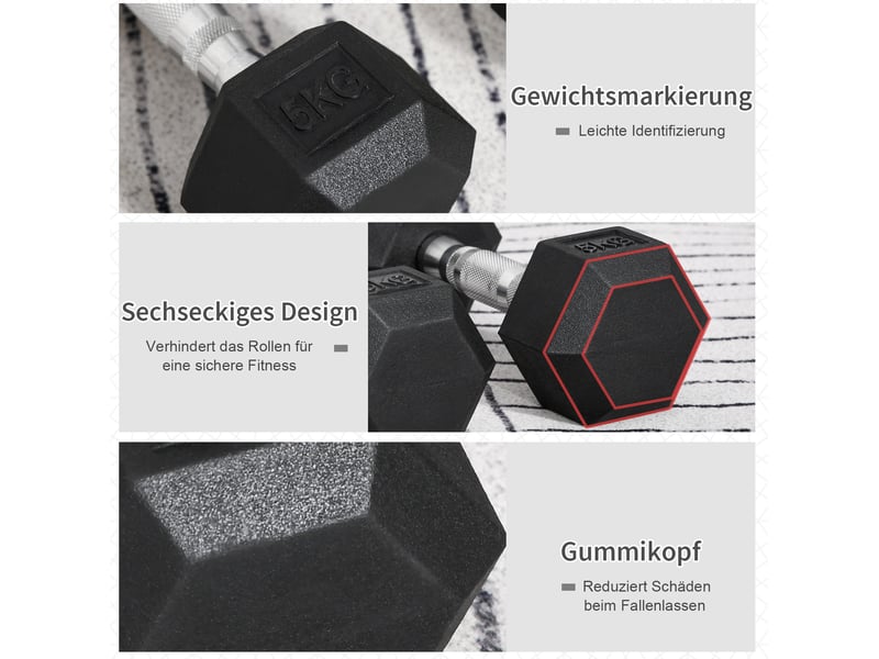  Lot de 2 haltères hexagonales 2 x 5 kg noires en métal avec revêtement en caoutchouc antiroulis  - Conforama B