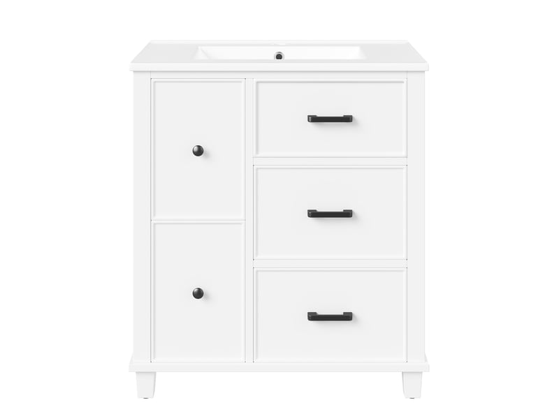  Meuble vasque blanc laqué mdf et céramique 76,5×47×83,5 cm, 4 tiroirs coulissants, 1 abattant et poignées noires  - Conforama A