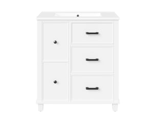 Meuble vasque blanc laqué mdf et céramique 76,5×47×83,5 cm, 4 tiroirs coulissants, 1 abattant et poignées noires