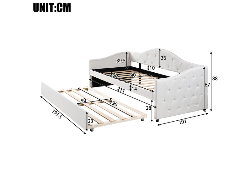  Lit gigogne, 90x200 cm, lit tiroir pensé pour libérer de l’espace, style minimaliste moderne, lin et mdf, coloris beige  - Conforama C
