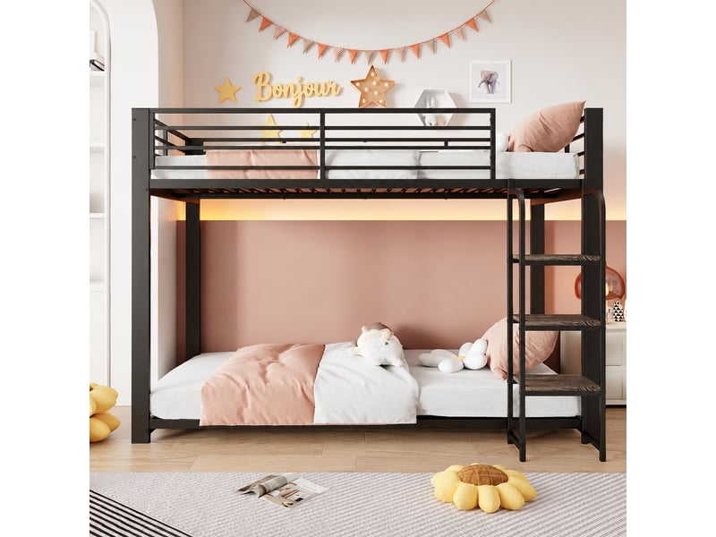  Lit superposé 90 x 200 cm en métal noir avec marches larges en bois et barrière haute  - Conforama B