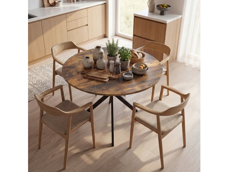  Table de salle à manger ronde 4 personnes avec pieds x réglables, style industriel marron en bois 100 × 75 cm  - Conforama B
