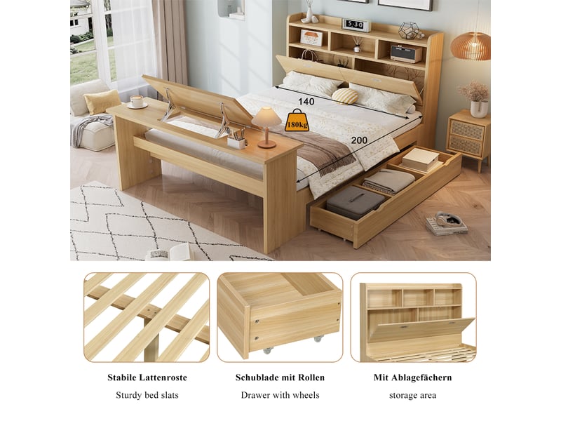  Lit enfant 2 places 140×200 cm avec tiroir, étagères et table rabattable - okmyhome- bois naturel, sans matelas  - Conforama E