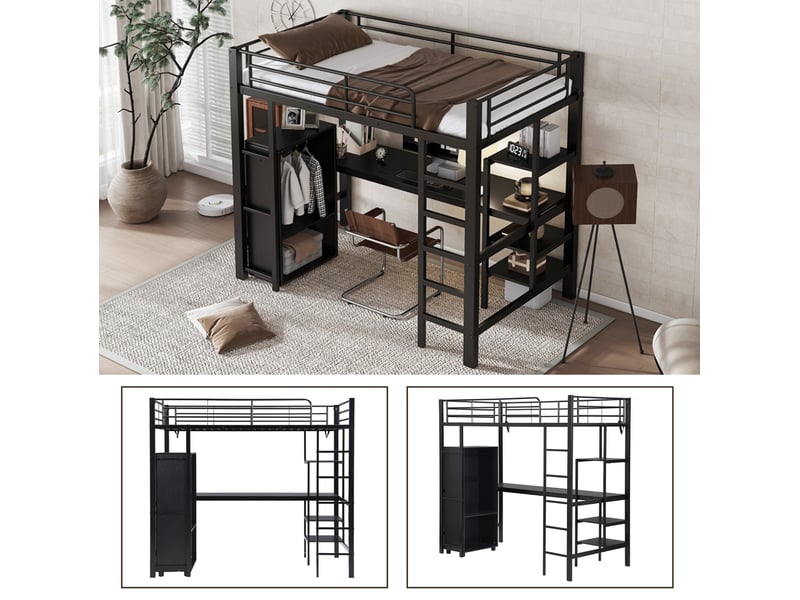 Lit mezzanine enfant 90x200 cm – noir – bureau, armoire, étagères et rangements intégrés – sans matelas - Conforama E