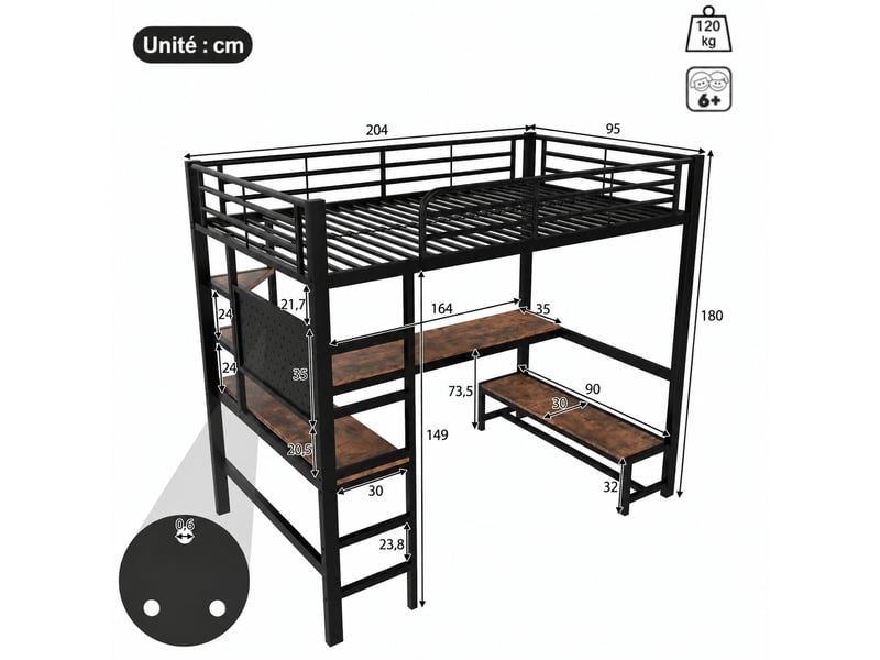  Lit mezzanine 90 x 200 cm avec bureau et étagères, en métal et mdf noir, avec panneau perforé et éclairage led  - Conforama C