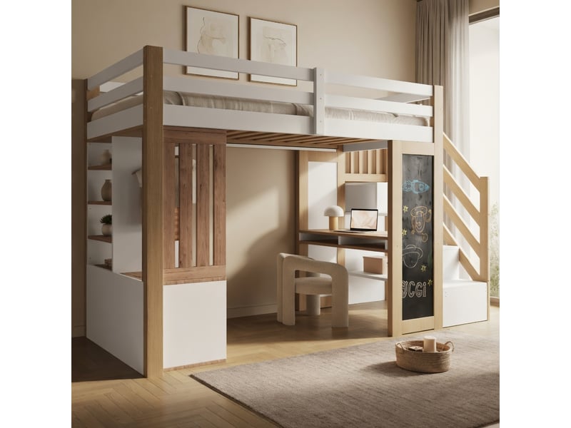  Gutenacht lit mezzanine 90x200cm, bureau, armoire, ardoise, led, blanc &amp; naturel  - Conforama C