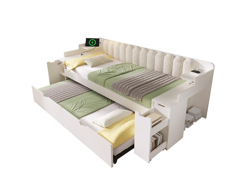  Lit gigogne 90x200 cm avec rangement et port usb, pour chambre, mdf, blanc, contemporain, design moderne, sans matelas  - Conforama A