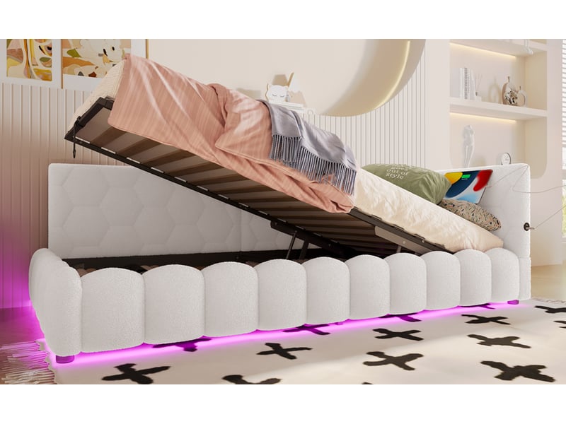  Lit banquette coffre 90x200 cm blanc avec led, usb et type-c, sans matelas  - Conforama W