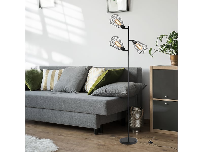  Lampadaire design industriel 3 ampoules max. 40 w abat-jour métal cage noir  - Conforama A