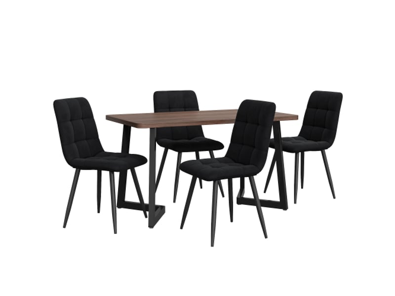  Ensemble salle à manger 5 pièces – table moderne + 4 chaises velours noir, plateau mdf noyer, pieds métal noir  - Conforama A