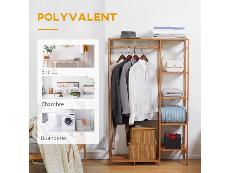 Portant à vêtements en bambou avec étagère de rangement à 6 niveaux et tringle de suspension, bois naturel, 90x30x145cm - Conforama R