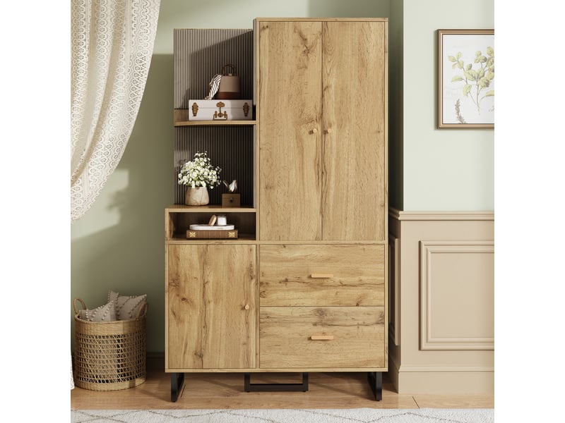  Armoire d'entrée 110x38x186 cm - vestiaire avec panneau rembourré, penderie, 2 tiroirs, rangement chaussures  - Conforama R