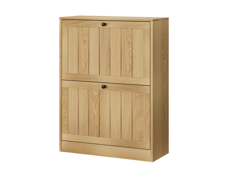  Meuble à chaussures en chêne clair de 60 cm - meuble de rangement pour entrée avec 2 portes abattantes et poignées en métal  - Conforama D