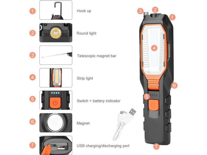  Cob multifonctionnel avec lampe de travail lampe de maintenance rechargeable par usb avec lampe de maintenance à batterie intégrée  - Conforama C