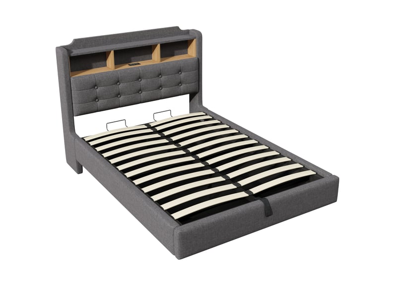  Lit capitonné, 140 × 200 cm, avec bande lumineuse led, rangement hydraulique, compartiments de rangement, design suspendu, matelas non inclus, ports usb et type-c, revêtement en lin, gris  - Conforama D