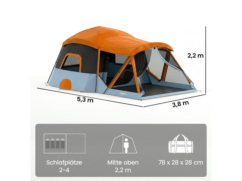  Tente tunnel pour 4 personnes, tente familiale avec chambre et séjour, puits de lumière, tapis de sol, hauteur sous plafond de 3000 mm, colonne d'eau  - Conforama E