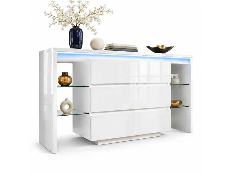 Buffet de rangement, avec 6 tiroirs, 4 étagères en verre et éclairage led, pour salon, bois, blanc brillant, 155×40×80 cm  - Conforama A