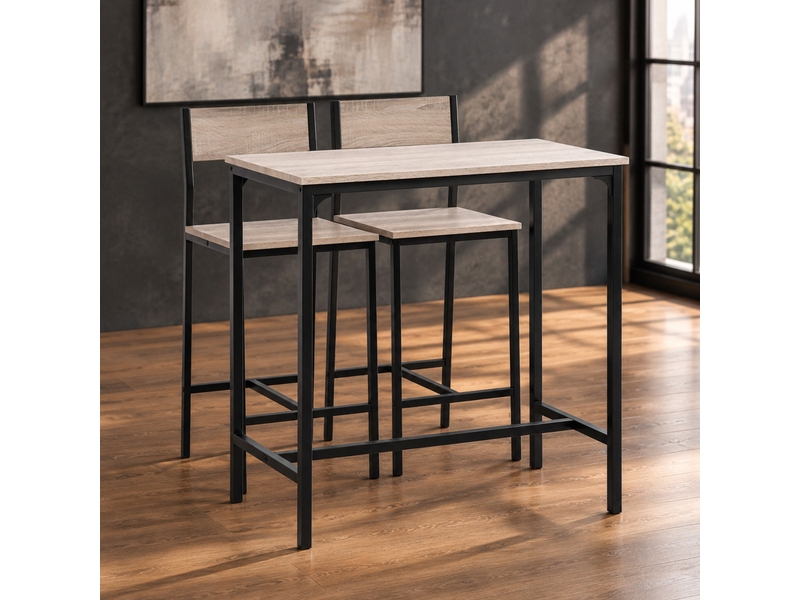  Ensemble table et chaises de bar avec 1 table et 2 tabourets  - dossiers hauts et repose-pieds - mdf - naturel  - Conforama C