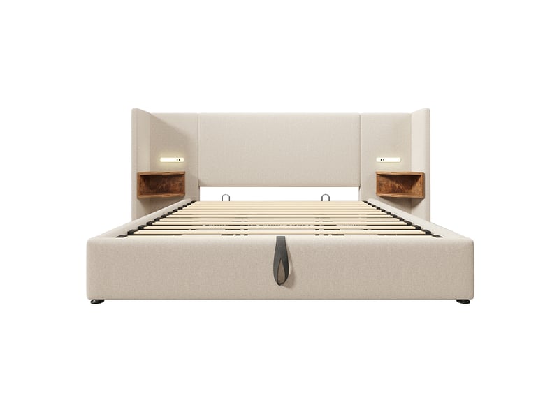 Lit Coffre Double 180x200 Cm Avec Tête De Lit Réglable Et Lumières LED - Velours Beige - Espace Rangement Hydraulique - Sans Matelas