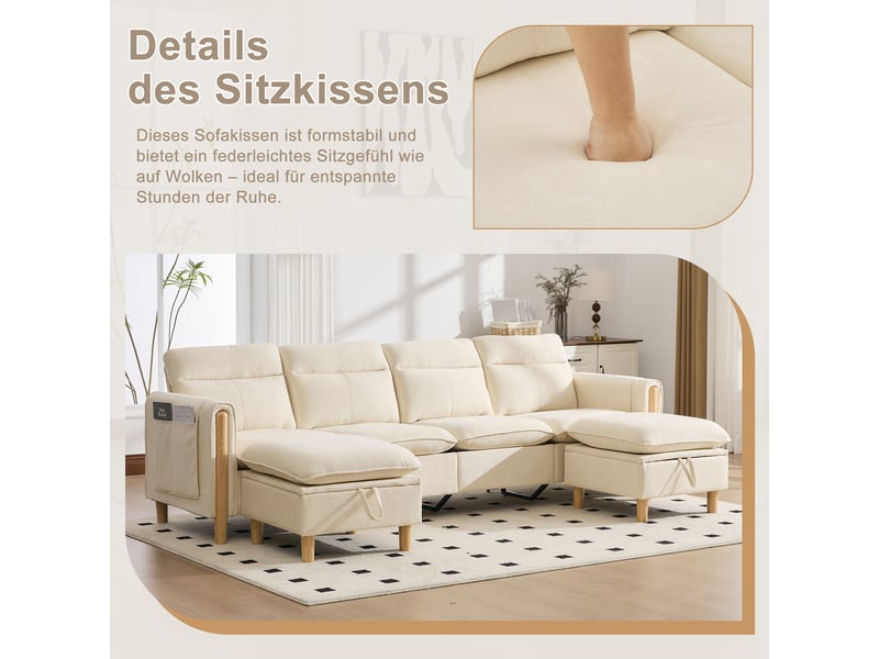  Canapé en u 4 places en chenille beige avec deux poufs et coffres de rangement intégrés  - Conforama E