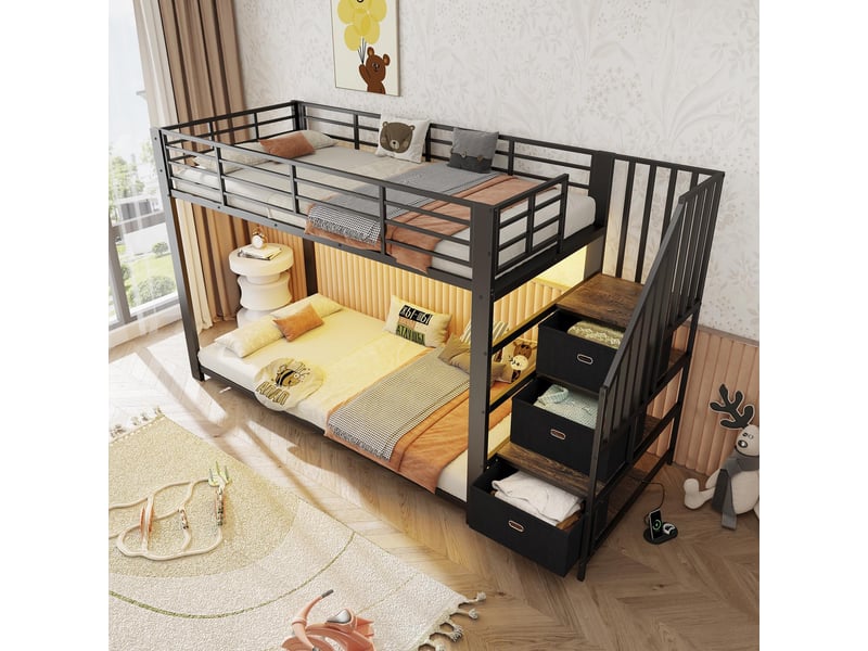  Lit superposé 90x200 cm - lit double en métal avec escalier de rangement, led et prises - noir  - Conforama B