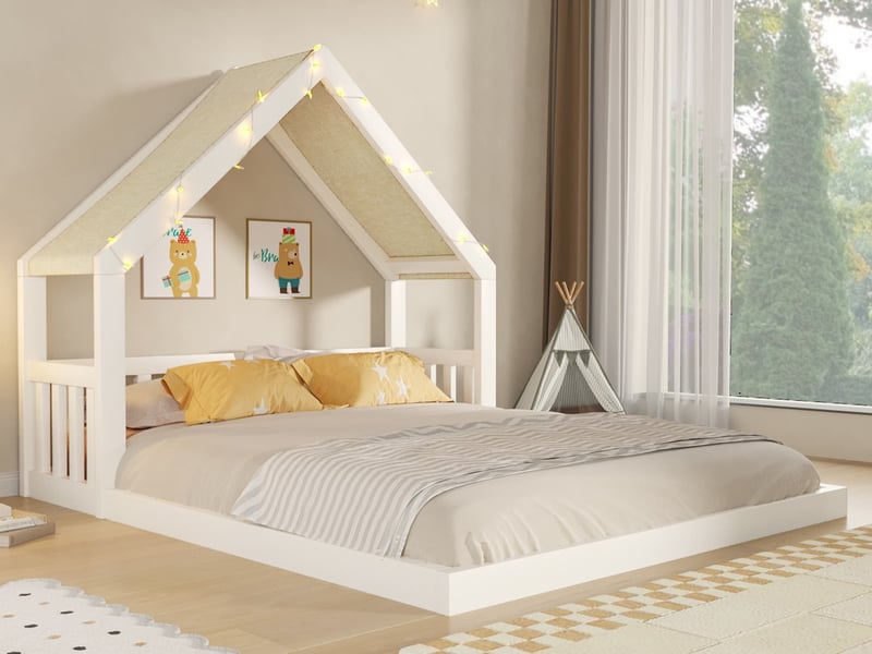  Lit cabane pour enfant, 140 x 200 cm, avec toit en tissu et guirlande lumineuse, structure en bois, blanc  - Conforama B
