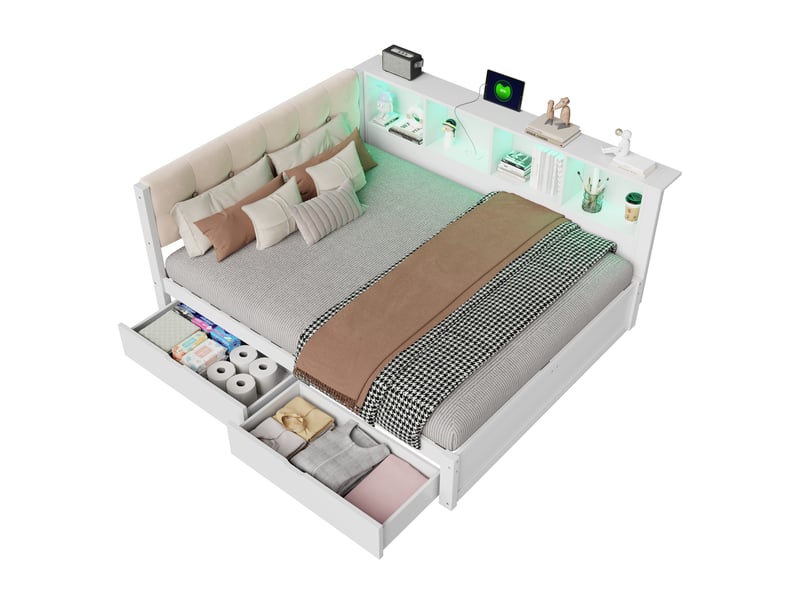  Lit de jour 140x200 en pin massif avec tiroirs, étagères et led  - Conforama A