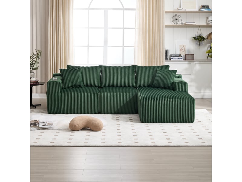  Canapé modulaire avec méridienne en velours côtelé doux 257 x 160 cm 5 coussins et porte-gobelets  - Conforama E