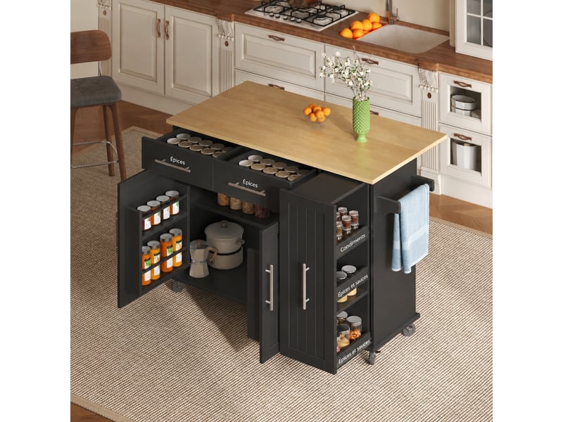  Îlot de cuisine avec plan de travail rabattable, 5 roulettes, 120 cm, noir et bois naturel  - Conforama D
