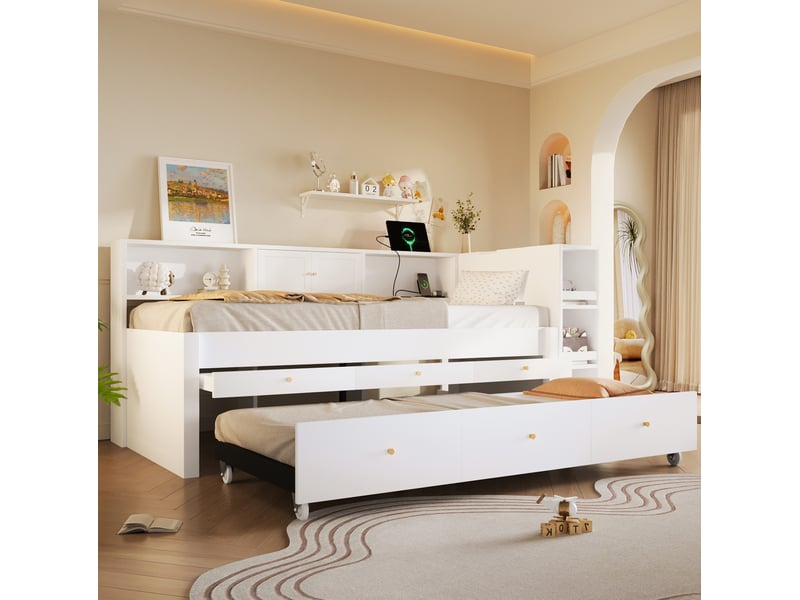 Lit gigogne enfant 90x200 cm blanc bois, 3 tiroirs, lit d'appoint coulissant et port usb pour chambre - Conforama E